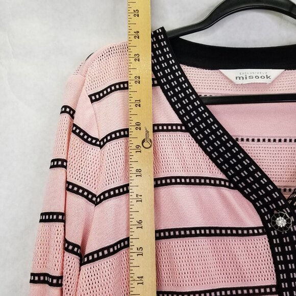 Misook Cardigan Women's L Ribbed Mesh Long Sleeve Button Front Pink Black Stripe - Picture 12 of 12